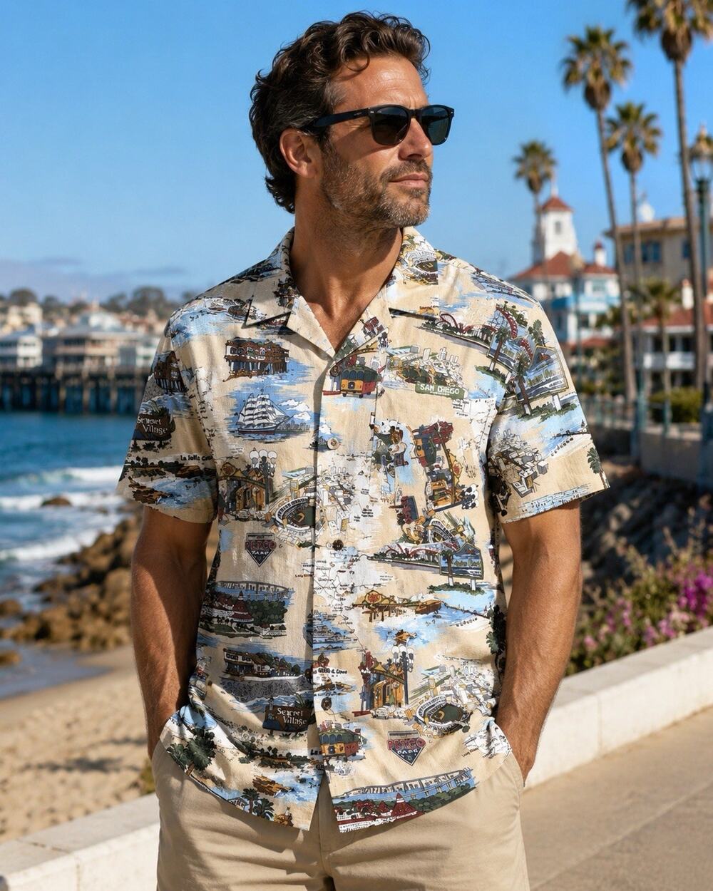 David Carey Originals San Diego California Hawaiian Camp Shirt Mens M All Over